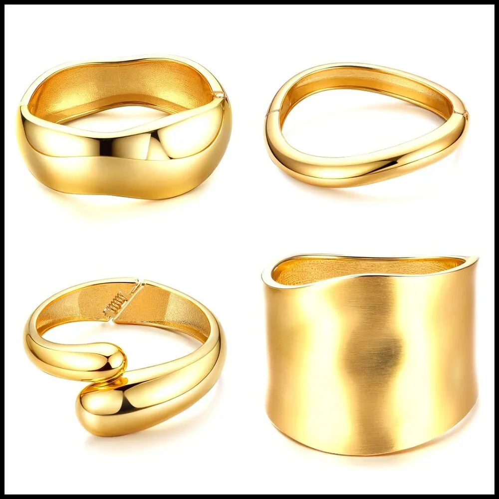 Chunky Gold Plated Hinged Bangle Bracelets Stack Minimalist Trendy Jewelry